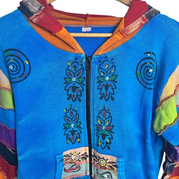Clothing in Nepal Rainbow Patchwork Hoodie Embroidered Boho Artsy Gypsy Size S/M - Picture 4 of 6